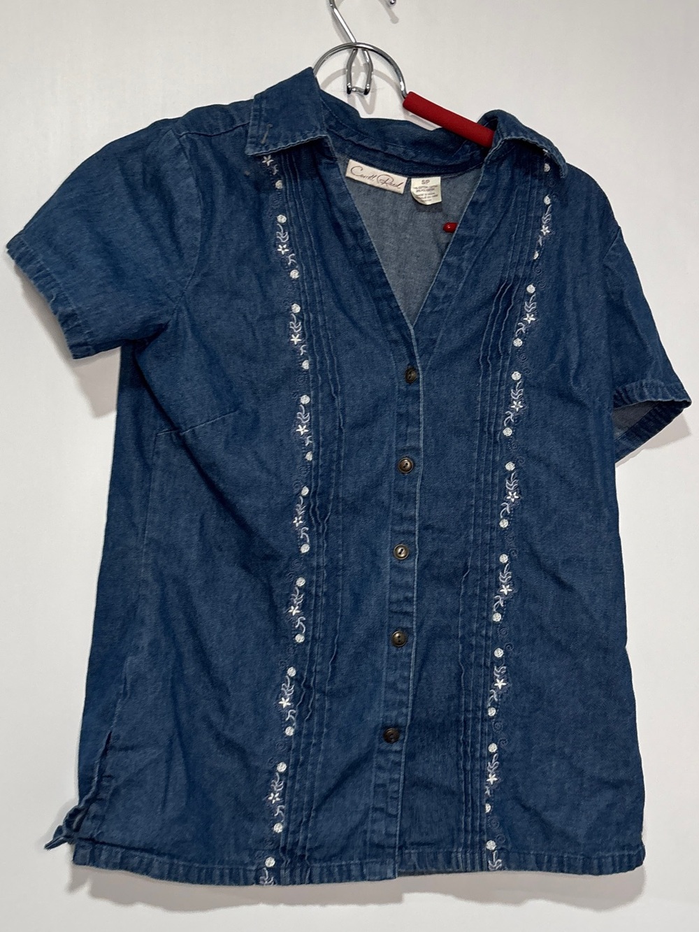 Cottage Core Denim Button-Front Short Sleeve Shirt with Embroidery - Blue